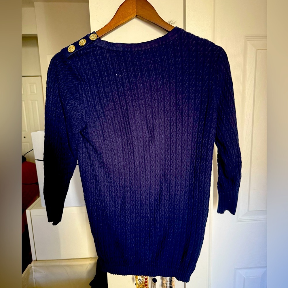 Navy blue cable knit sweater with button decor